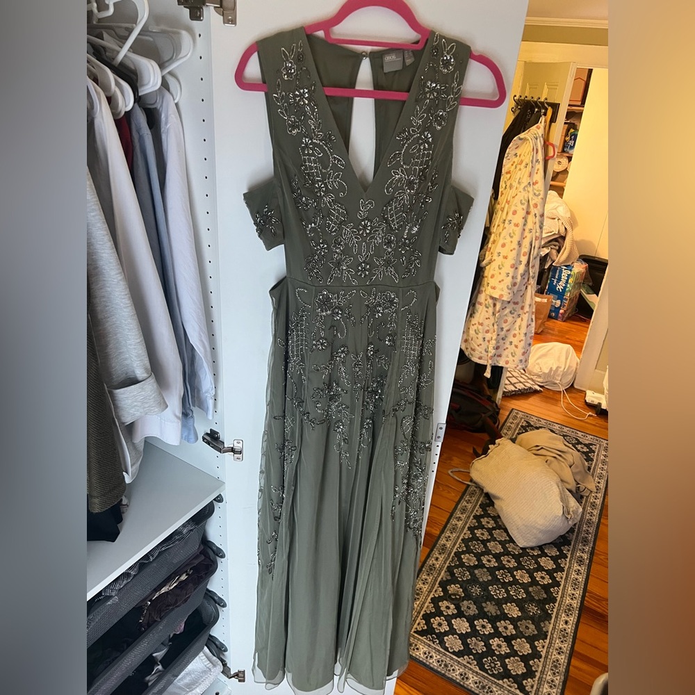 Olive Green beaded prom dress/wedding guest dress